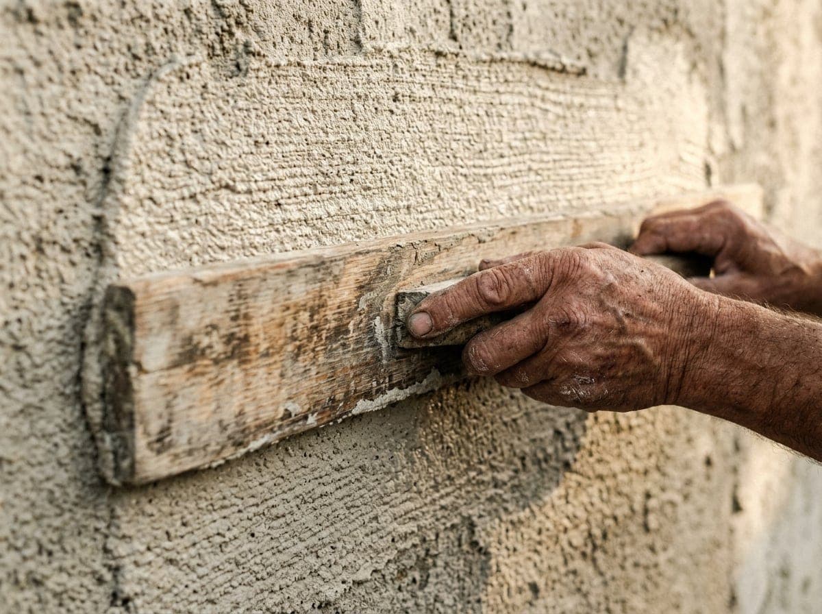 Außenputz mit feiner Kornstruktur an einer Sandstein-Fassade in warmem Erdton bei Tageslicht.
