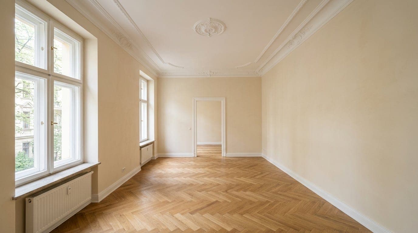Frisch aufgetragener Innenputz an einer Wohnraumwand mit weichem Tageslicht durch das Fenster.
