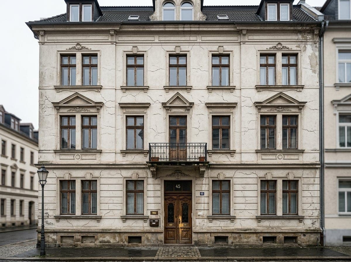 Detail eines feinen Fassadenrisses an einer Altbau-Putzfassade nahe einer Fensterlaibung im Streiflicht.