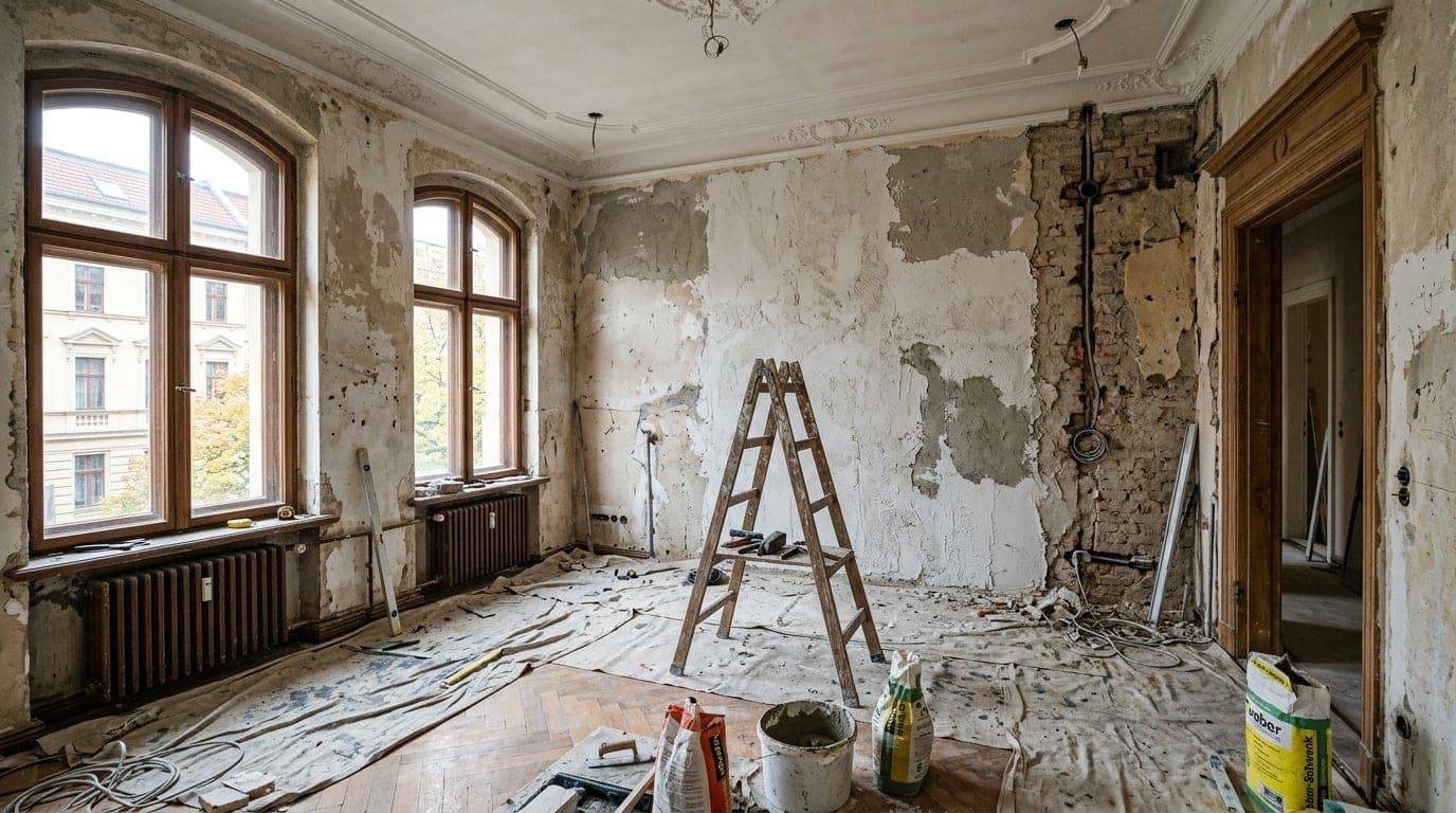 Innenraum-Renovierung mit frischem Putz an Altbau-Wänden, sichtbares Werkzeug und Materialvorbereitung.