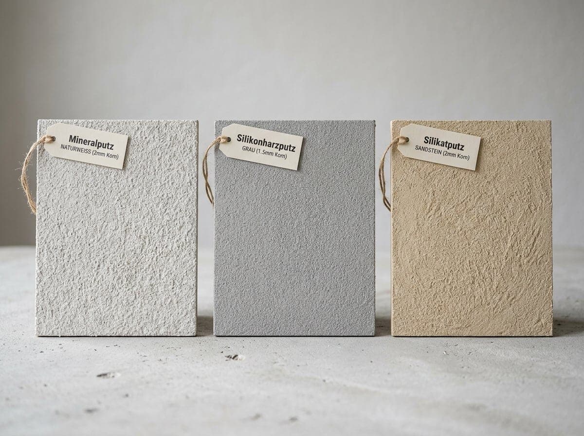 Vergleich verschiedener Mineralputz-Strukturen auf einer Musterwand — Detail-Aufnahme im Streiflicht.