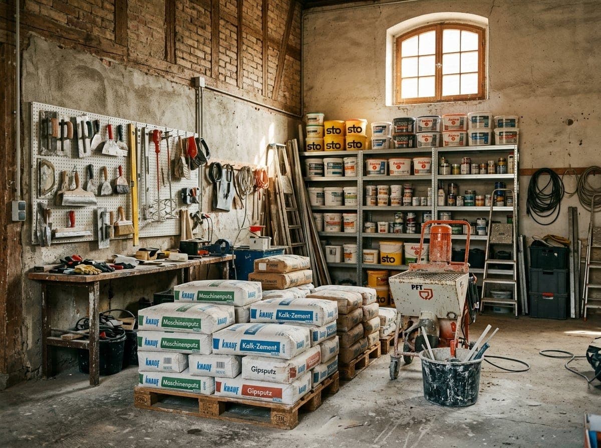 Stuckateur-Werkstatt mit Werkbank, Materialregalen und vorbereiteten Werkzeugen im Tageslicht.