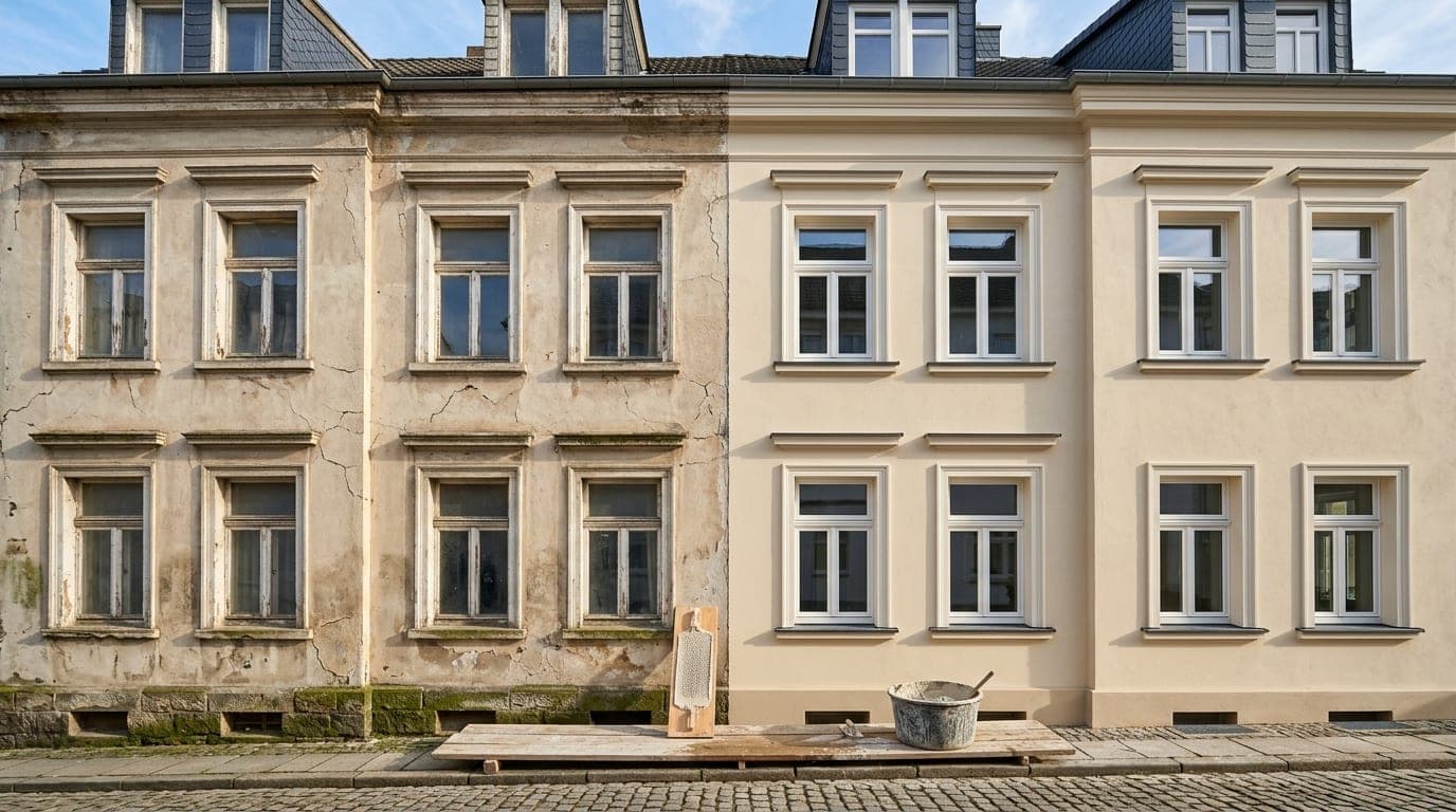 Altbau-Fassade halb saniert und halb verwittert im direkten Vergleich, Werkzeug im Vordergrund.