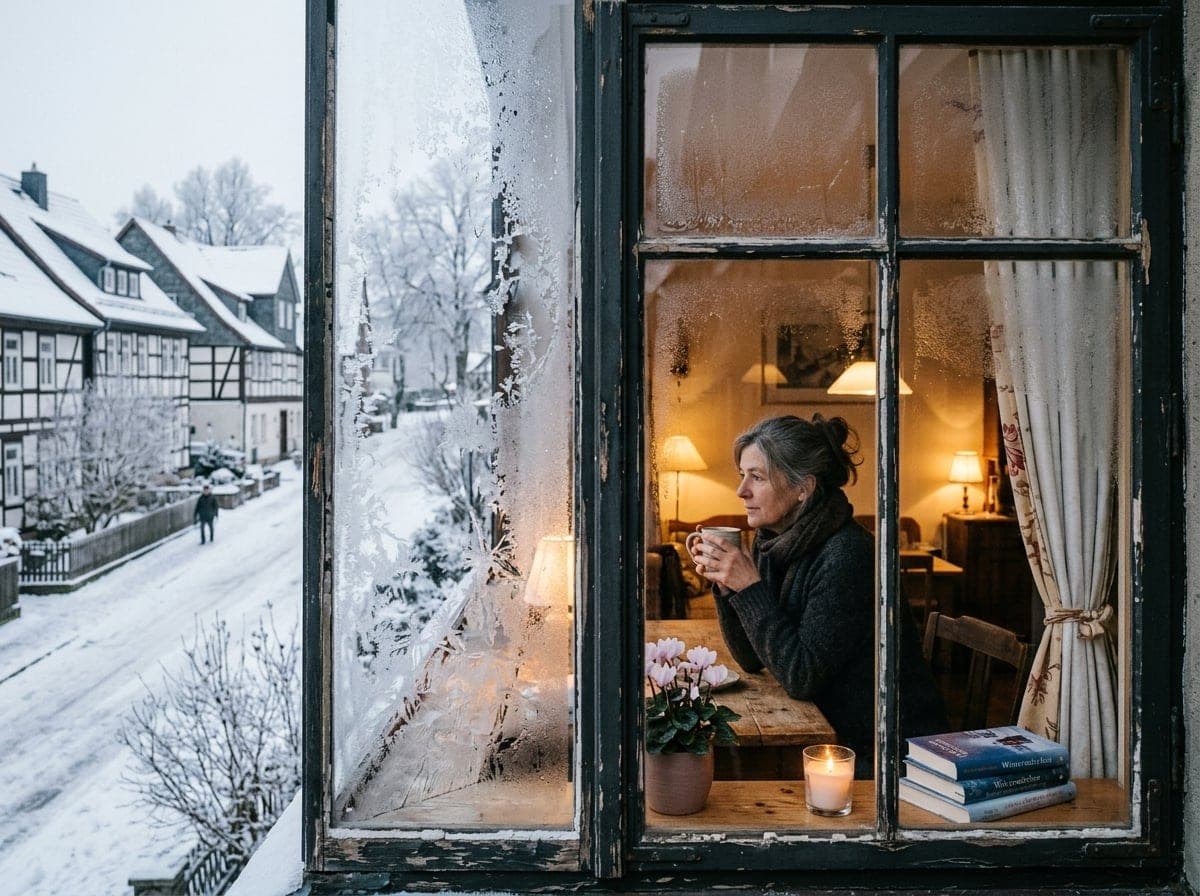 Heizkörper im Winter vor einem Fenster mit Blick auf eine verschneite Außenansicht im Tageslicht.
