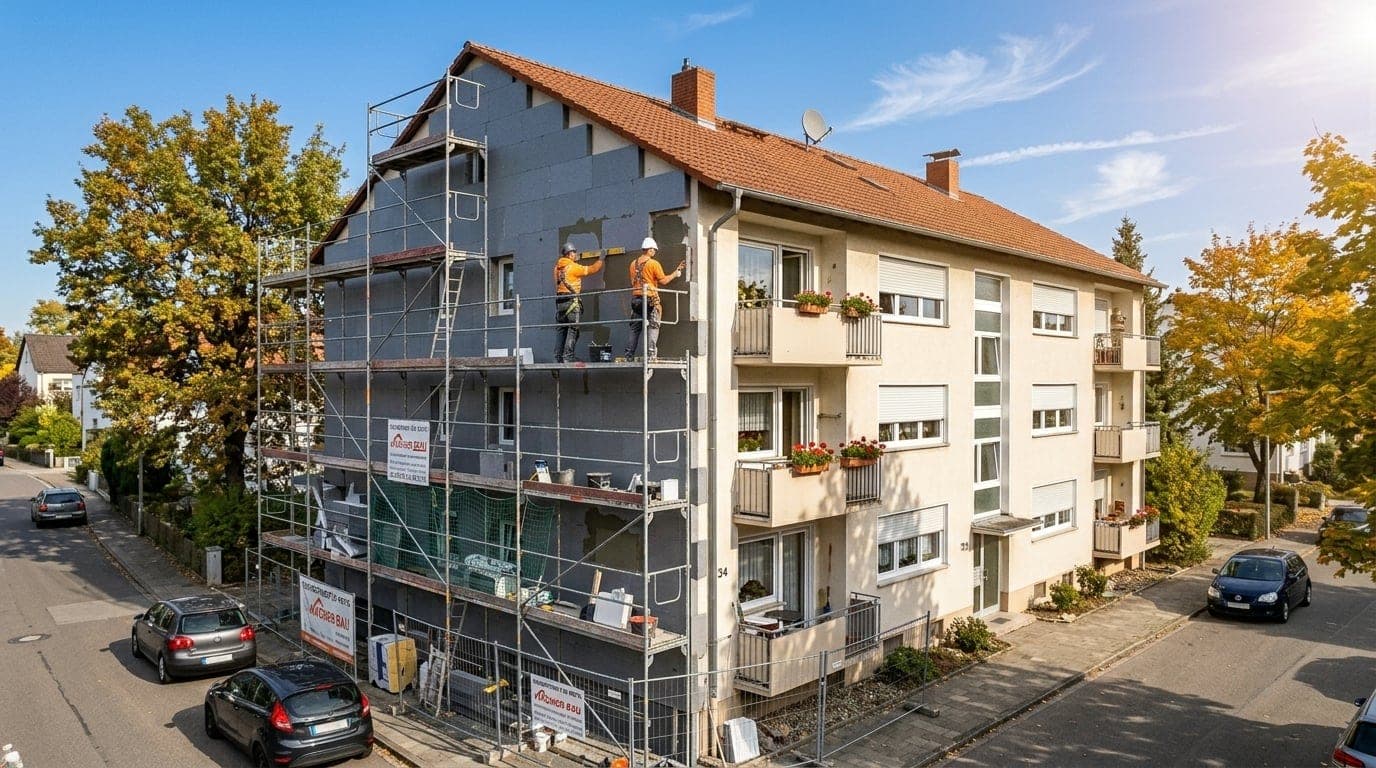 Außendämmung im Aufbau an einer Wohnhausfassade mit sichtbaren Dämmplatten und beginnendem Putzauftrag.