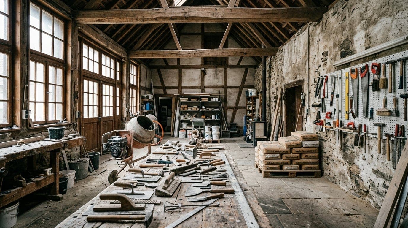 Außenansicht einer Stuckateur-Werkstatt mit dezent gegliederter Fassade bei klarem Tageslicht.